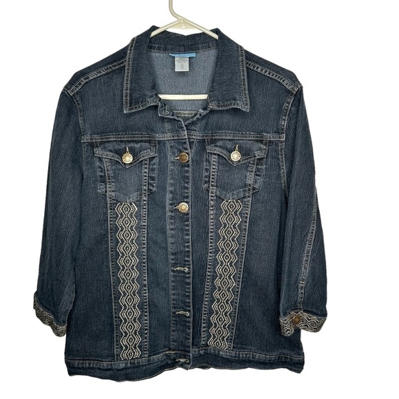 Koret Jackets & Blazers - Koret Black Stretch Denim Jacket  Size 16 Embroidered 3/4 Sleeve Runs Smaller